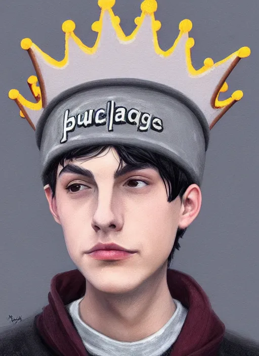 Image similar to portrait of teenage jughead jones wearing a light grey crown, photorealistic, crown, sweater with letter s on it, hamburger, eyes closed, crown, black hair, intricate, elegant, glowing lights, highly detailed, digital painting, artstation, concept art, smooth, sharp focus, illustration, art by wlop, mars ravelo and greg rutkowski