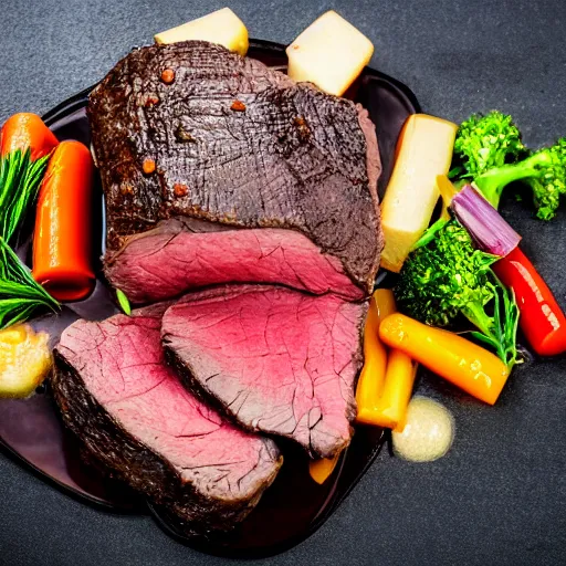 Image similar to perfect beautiful wine beef roast served in michelin star restaurant, juicy sauce, platter of saute vegetables, bokeh, beautiful arrangement, captured on canon eos r 6