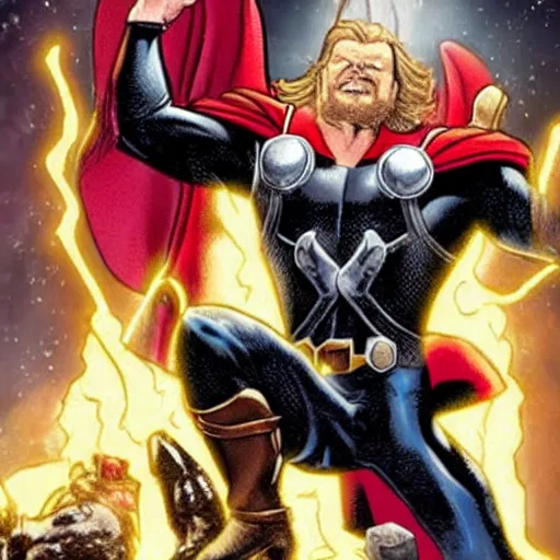 Image similar to Thor hit a hammer on Thanos head