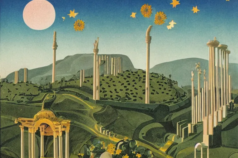 Prompt: night, stars, mecha robot, hanging gardens of babylon, temple of artemis at ephesus, waterfalls, blooming hills with spring flowers and pillars by helen lundeberg