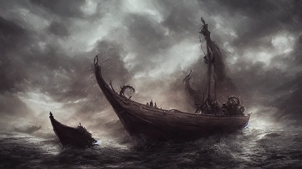 Prompt: viking ship arriving at mysterious place, night, thunderstorm, amazing, elegant, intricate, highly detailed, digital painting, artstation, concept art, motion blur, sharp focus, illustration, art by ross tran