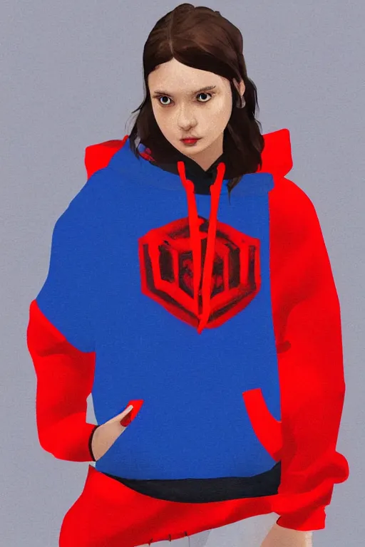 Image similar to a girl wearing a red and blue hoodie, artstation