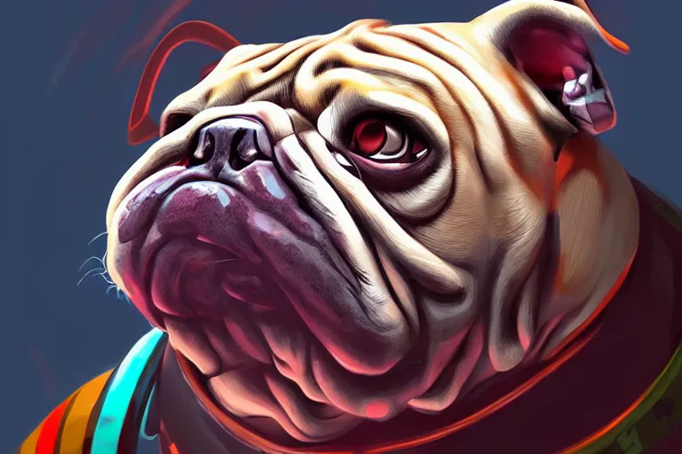 Image similar to cyborg bulldog cartoon concept art, elegant, colorful, highly detailed, digital painting, artstation, concept art, illustration