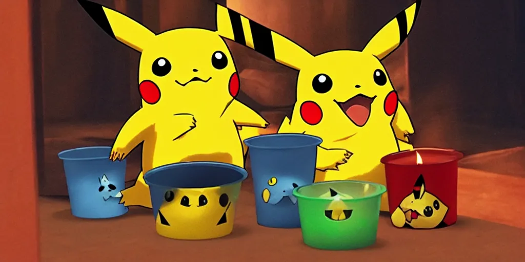 Prompt: pikachu devouring a dog sharp teeth burtal eyes scary mouth dark room red candles trash bin