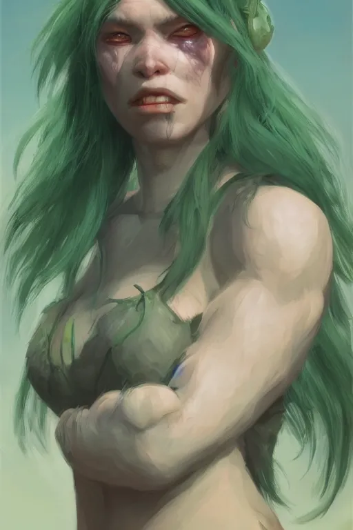 Image similar to rpg character art of an ape woman, green hair, highly detailed, half - body composition, by jeremy lipking, by studio ghibli, by disney, video game fanart, gorgeous face