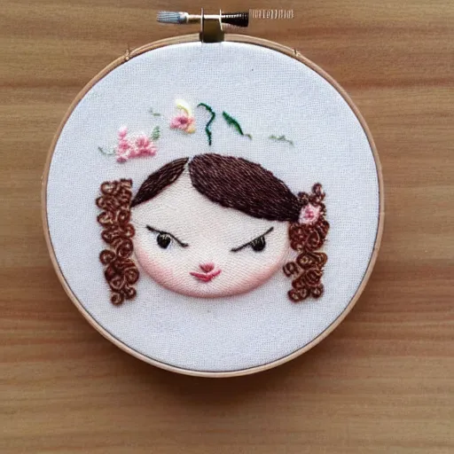 Image similar to a tiny beautiful handmade embroidery of a little girl with brown curly hair. hand embroidery.