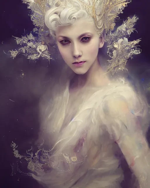 Image similar to 4k cinematic full view ethereal elysian female wearing intricate religious Madonna crown platinum blonde hair rococo style attire by Ruan Jia by Alberto Seveso, detailed and realistic, Artstation