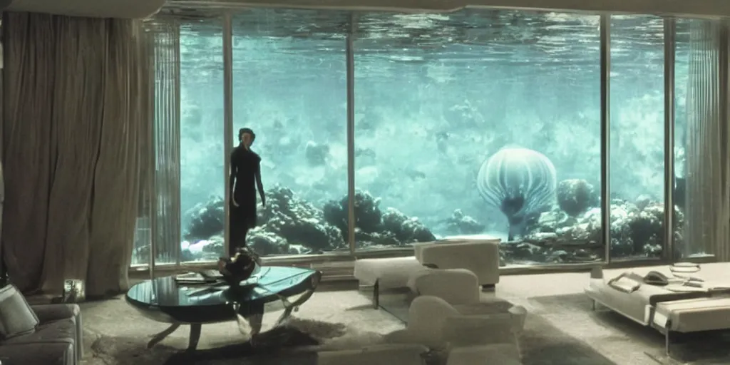 Image similar to an underwater luxury apartment with large windows, 1 9 8 0 s science fiction, windows overlooking a lush ocean jellyfish coralle landscape, sci - fi film still, screenshot from a science fiction movie, ridley scott,