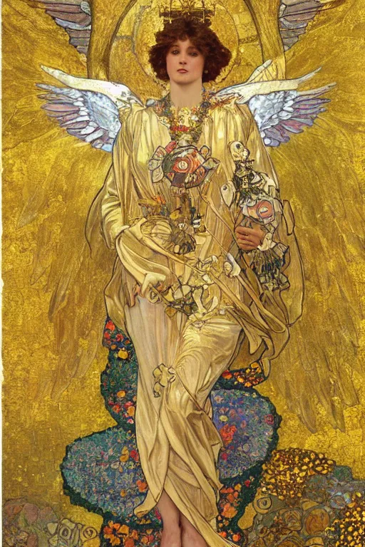 Image similar to a full body portrait of saint michael the archangel oil painting cross between the styles of alphonse mucha and gustav klimt gold leaf, intricate detailed,