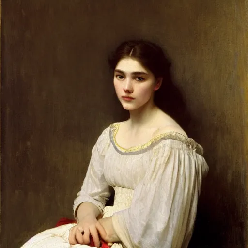 Image similar to Portrait of Florence Pugh, by William Adolphe Bouguereau, John Singer Sargent, Vermeer, serene