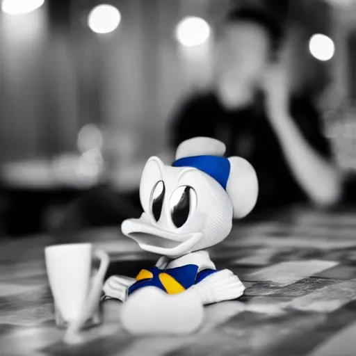 Image similar to donald duck sleeping in a restaurant surrounded by laughing drunk people eating spaghetti and playing violins. highly detailed flash photography. shallow depth of field