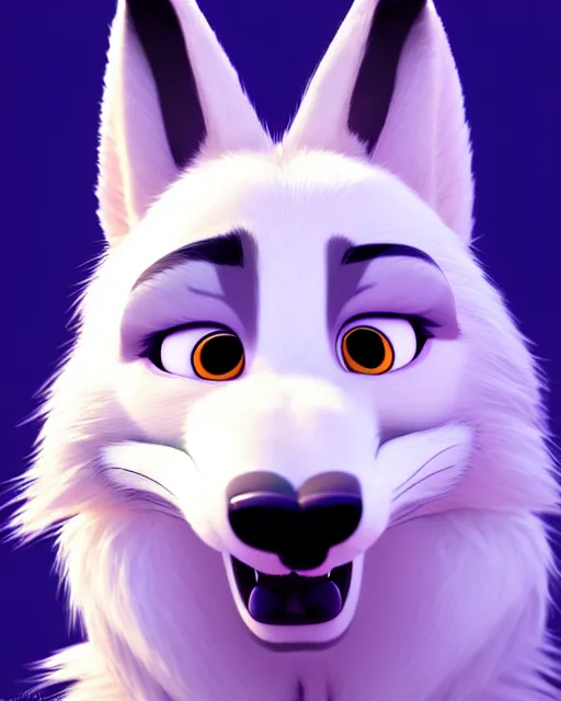 Image similar to portrait of cute anthropomorph white wolf in the style of zootopia, volumetric light, artstation, concept art, 8 k, high detail, perfect