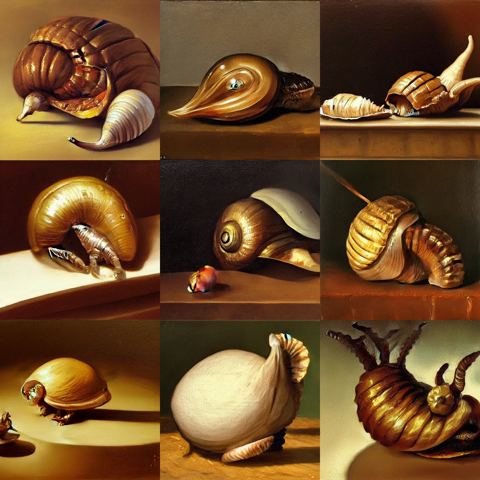 Prompt: highly detailed, by diego velazquez, artstation, oleo, sharp focus, an oil painting of a snail with a house as shell