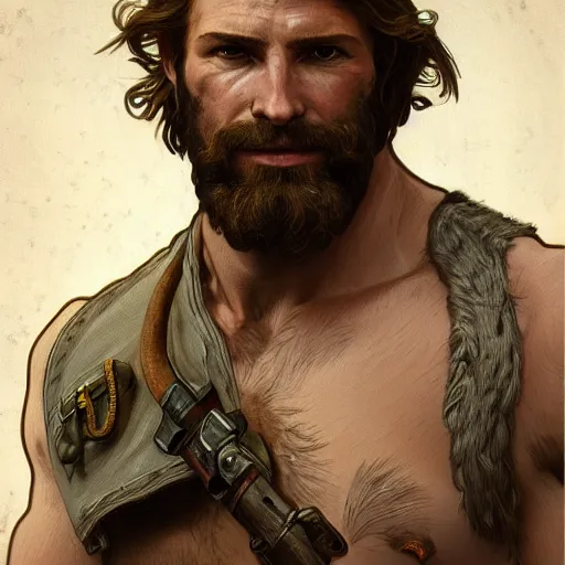 Image similar to portrait of a rugged ranger, muscular, upper body, hairy torso, D&D, fantasy, intricate, elegant, highly detailed, digital painting, artstation, concept art, smooth, sharp focus, illustration, art by alphonse mucha