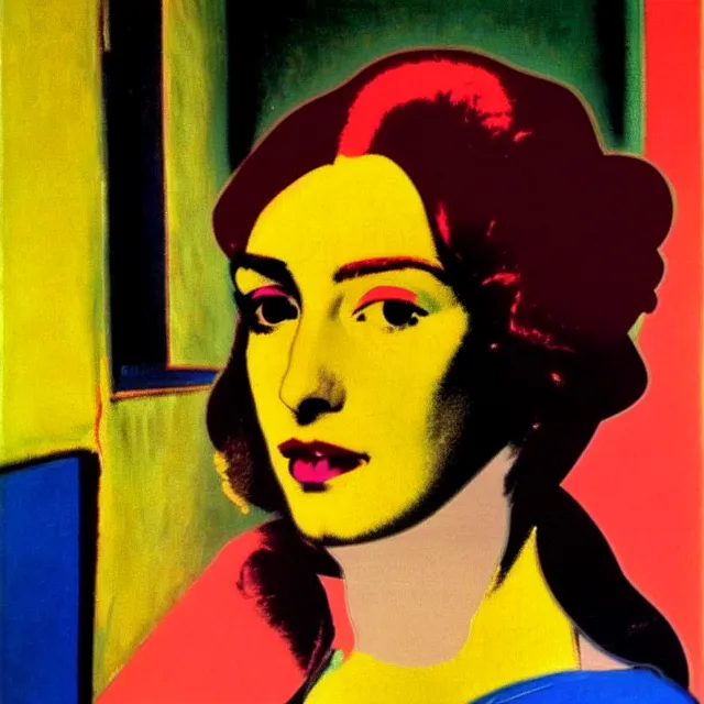 Image similar to a beautiful painting cyberpunk the most beautiful woman in the world, by andy warhol henri matisse jan vermeer realistic oil painting