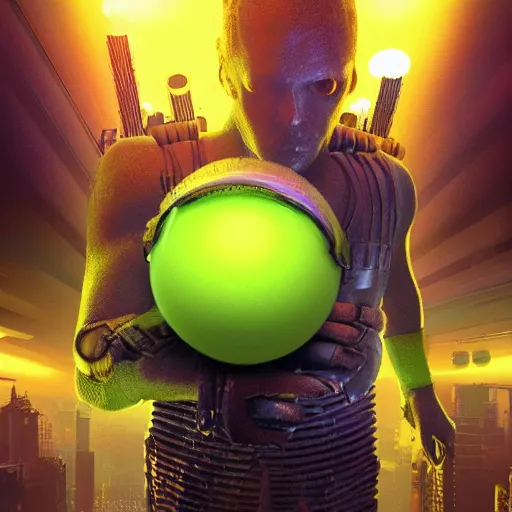 Image similar to high quality 3 d render cyberpunk very tennis ball monster highly detailed, unreal engine cinematic smooth, in the style of blade runner &, basil gogos, chalk, low angle, uhd 8 k, sharp focus, illustrated by basil gogos