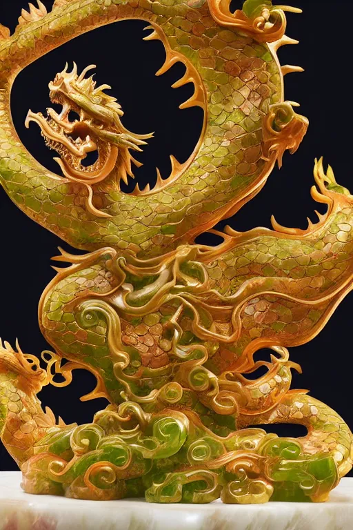 Image similar to a chinese dragon carved from translucent jade, dynamic pose standing on a marble pedestal, intricate details, intricate textures, warm lighting, vivid colors, smoke and mist, realistic octane render, hyper realistic render, volumetric shading, depth of field, raytracing, 8 k,