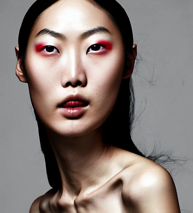 Prompt: photography facial portrait of liu wen, natural background, natural pose, wearing stunning cape by iris van herpen, with a colorfull makeup. highly detailed, skin grain detail, photography by paolo roversi, nick knight, helmut newton, avedon, araki