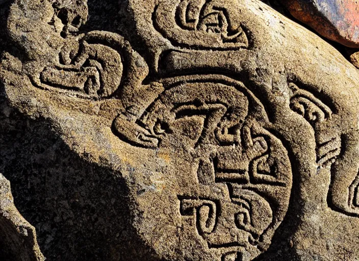 Prompt: Closeup photograph of petroglyphs on a boulder