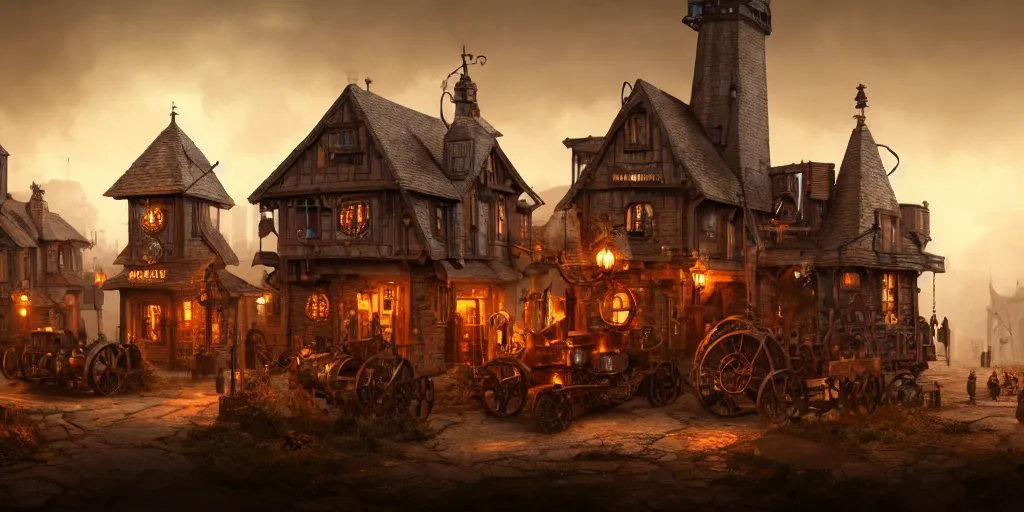 Image similar to a small steampunk wooden village, rich, cyborgs, dark aesthetic, soft colours, natural, steam, big clocks, concept art, octane render, unreal engine, in the style of luca guadagnino, highly detailed, high quality, artstation, digital art, 8 k hdr, cinematic, dramatic lighting, scenic, rich colour scheme