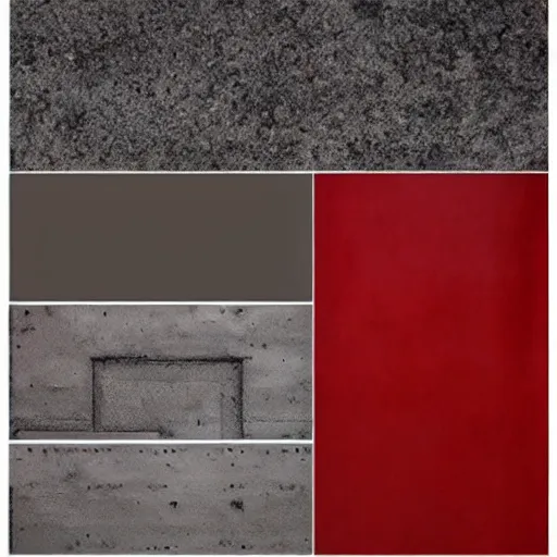 Prompt: material sample board combining concrete, red painted metal, oak, plants, dark grey carpet, architectural finishes, pinterest, trendy, expressive, warm, eye catching, interior design
