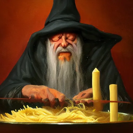 Image similar to painting of a mysterious old wizard summoning a bowl of pasta, atmospheric, oil painting, concept art, highly detailed