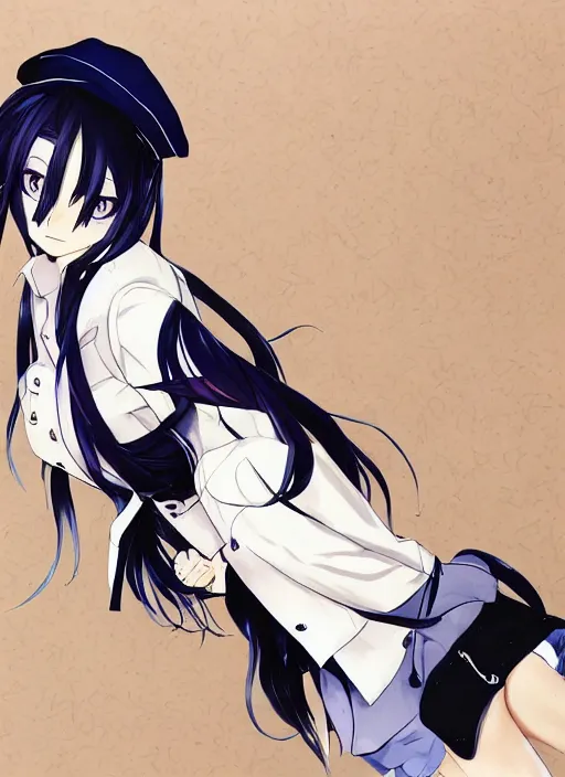 Image similar to key anime visual of a beautiful girl wearing a beige beret and blue shirt; long black hair; anime; drawn by Shigenori Soejima; 3 tone colors