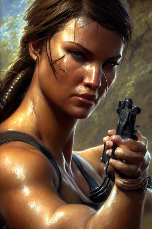 Prompt: muscular sweat lara croft, face close up, ambient occlusion, highly detailed painting by gaston bussiere, craig mullins, j. c. leyendecker 8 k