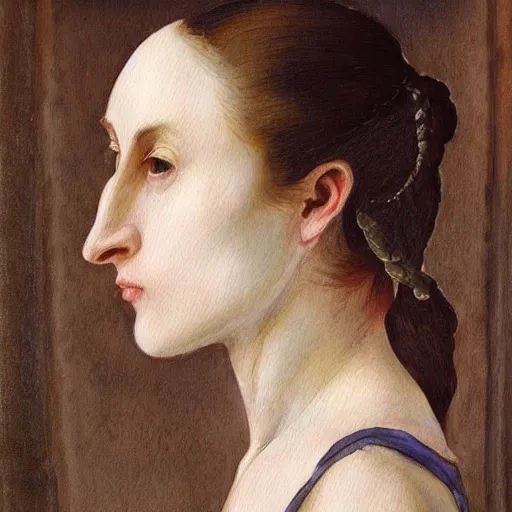 Image similar to colored portrait. a very unique watercolor painting profile, 3 / 4, medium shot. a straight and long nose, and huge prominent eyes. she is looking at the mirror and crying. old photograph. sharp image. academicism, highly detailed, color harmony, art station, ornate, caravaggio style. old photography