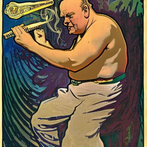 Image similar to alphonse mucha portrait of Winston Churchill as the God of War, smoking a cigar, detailed, stylized, realistic, deep hues, cool tones, dark, strong