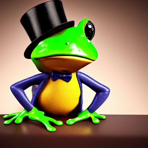 Prompt: a frog dancing with a top hat and a cane photo realistic 8k high resolution