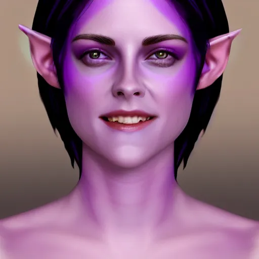 Image similar to Purple skinned Kristen Stewart as a smiling Elf wizard smooth purple skin!, + purple skin Photorealistic digital art trending on artstation, artgem, 4k HD.