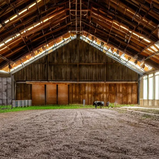 Image similar to interior view of modern futuristic farm barn architecture, cows, detailed luminescent oil painting 4 k