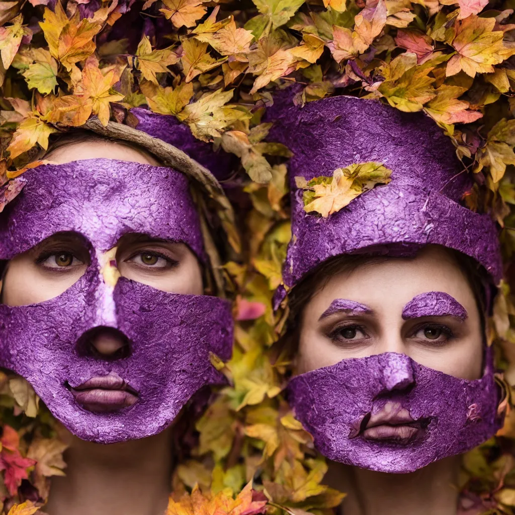 Image similar to highly detailed portrait photography steered gaze of a stern face, wearing a purple opera mask, in autumn, 105mm f2.8 at the grand budapest hotel