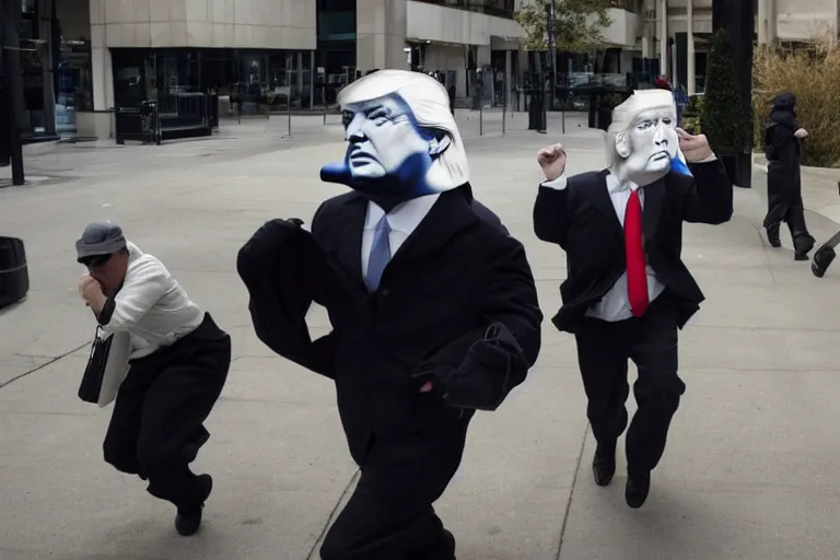 Image similar to bank robbers running out of white bank wearing trump masks by Emmanuel Lubezki