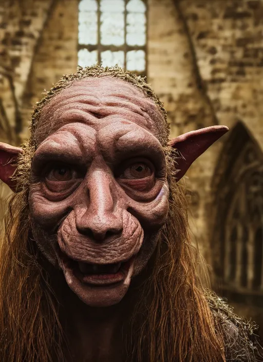 Image similar to closeup portrait of a medieval goblin in the cloisters, selfie style, depth of field, zeiss lens, detailed, symmetrical, centered, fashion photoshoot, by annie leibovitz and steve mccurry, david lazar, jimmy nelsson, breathtaking, 8 k resolution, extremely detailed, beautiful, establishing shot, artistic, hyperrealistic, beautiful face, octane render