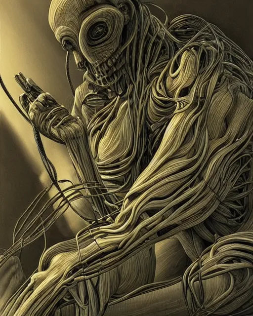 Image similar to a soldier writhing in pain with wires and cables bursting out of their right arm in the style of h. r. giger / david cronenberg / zdzisław beksinski trending on artstation deviantart pinterest hyper detailed photorealistic highlights and shadow hd 8 k post - processing high resolution