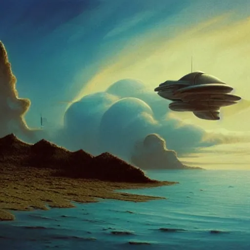 Image similar to beautiful matte painting of golden shores of a blue dreamy ocean, heavenly island in the clouds floating above the ocean, spaceship flying by, sci - fi, daylight, blue sky, cinematic lighting, cinematic perspective, syd mead, john harris, federico pelat