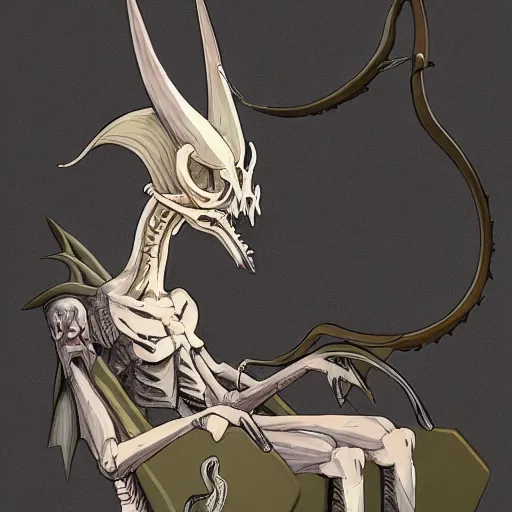 Prompt: concept art painting of a dragonlike anthropomorphic humanoid creature with a long dragon neck and horned skull mask, sitting on a throne, anime style, cel shaded, in the style of makoto shinkai and james gurney and studio ghibli and moebius