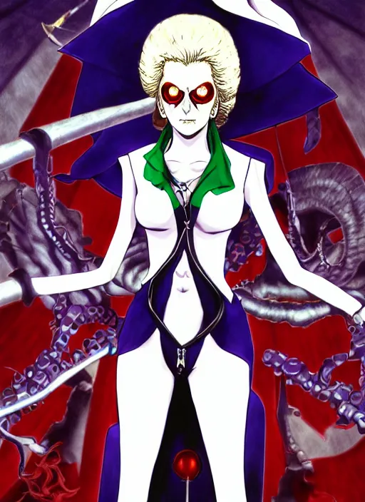 Image similar to shin megami tensei art of a demon called margaret thatcher, art by kazuma kaneko, demonic! compedium!, digital drawing, law - alligned, white background, high quality, highly detailed