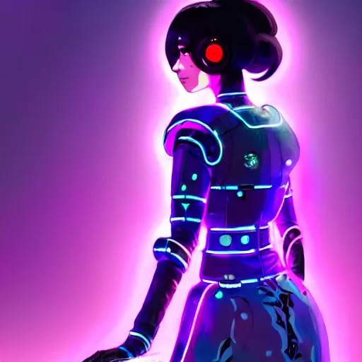 Prompt: a beautiful! bjork model, wearing futuristic cyber leather dress with incredibly intricate glowing purple led lights, jrpg aztec street fashion, gapmoe yandere grimdark, trending on pixiv fanbox, painted by greg rutkowski makoto shinkai takashi takeuchi studio ghibli, akihiko yoshida