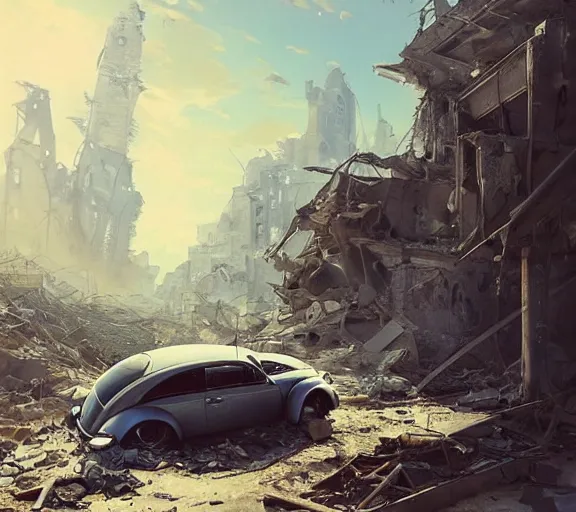 Image similar to one single Volkswagen Beetle in a pile of rubble in the ruins of a house. Post apocalyptic, ruins, rubble, gloomy. By Makoto Shinkai, Stanley Artgerm Lau, WLOP, Rossdraws, James Jean, Andrei Riabovitchev, Marc Simonetti, krenz cushart, Sakimichan, trending on ArtStation, digital art.