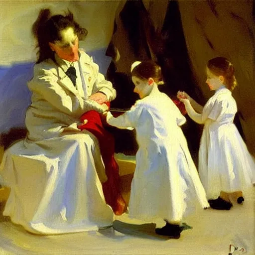 Image similar to vaccination, painting by john singer sargent, oil on canvas