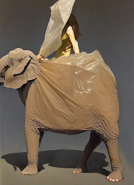 Image similar to elephant in a translucent dress made from plastic bag with paper bags for clothes standing inside paper bags with paper bag over the head at store display Edward Hopper and James Gilleard, Zdzislaw Beksinski, highly detailed