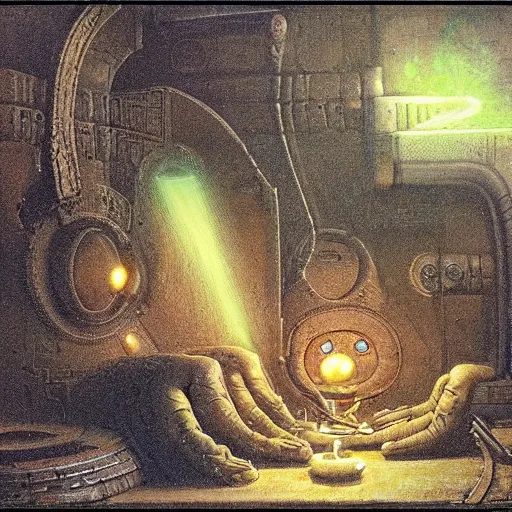 Image similar to ancient technology artifact, with glowing parts, by barlowe, wayne