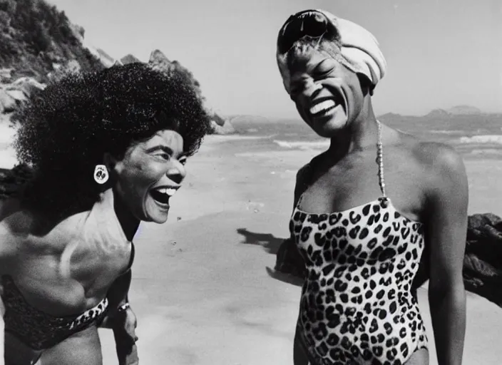 Prompt: polaroid eartha kitt in a leopard swimsuit and marsha p johnson in a pink swimsuit laughing together on a beach