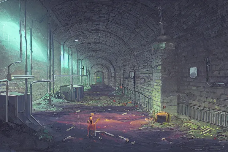 Prompt: Simon Stalenhag concept art of underground sewer tunnels with gym equipment, water flowing through the sewer, railing along the canal, brick walls, arches, detailed architecture, brass pipes on the walls, a slight green glow emanates from the water, artificial warm lighting, a variety of vivid materials