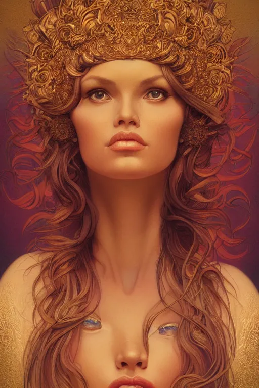 Image similar to portrait of goddess brigitte bardot by artgerm, mandala, rococo, vivid color, complementary color, golden ratio, detailed, sharp lines, sharp focus, intricate, rainbowshift, by maxfield parrish, by peter mohrbacher, by gustave dore, by alphonse mucha, deviantart, octane render