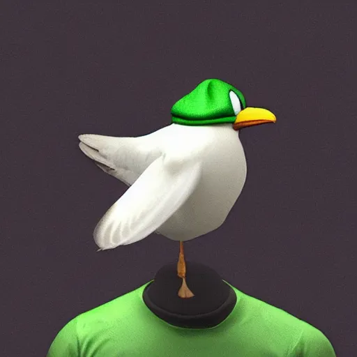 Prompt: Seagull wearing luigis hat, realistic