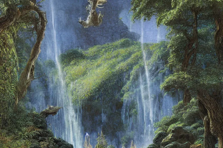 Image similar to hyperdetailed painting of a giant waterfall in the garden of eden, epic, rendered in octane, painted by alan lee, moebius, giovanni ghisolfi and jan baptist